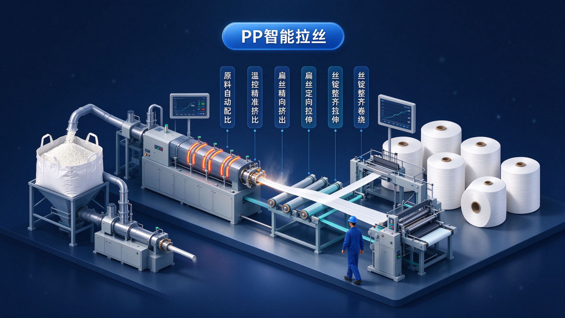 PP 吨包袋智能拉丝工序场景：挤出拉丝机集中监控