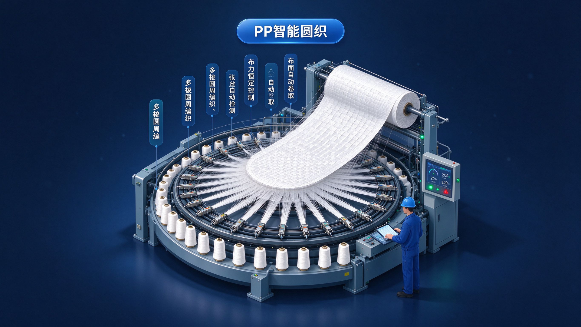 PP 吨包袋智能圆织工序场景：圆织机阵列联网运行