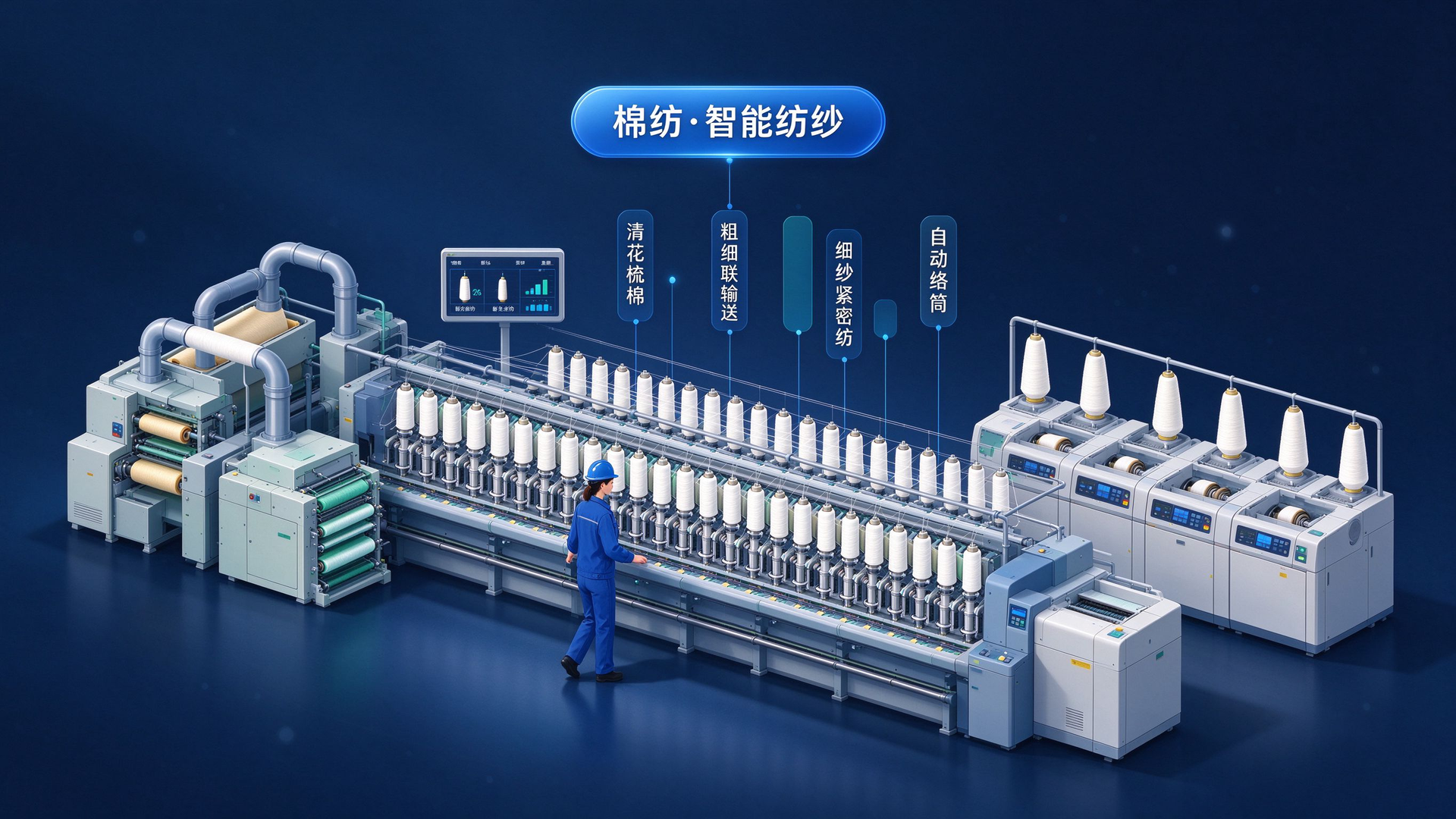 棉纺智能纺纱车间场景：清花到络筒六大工序数字化